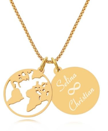 TIMANDO Damen Weltkarten Kette mit Gravur Namenskette Personalisierte Halskette Kettenanhänger Weltkugel Globus Anhänger Geschenk goldfarben