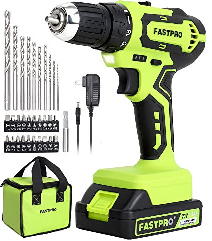 FASTPRO Juego de taladro inalámbrico de 20 V máximo, 3/8 pulgadas. Kit de taladro eléctrico con una batería de iones de litio de 1.5 Ah, cargador y bolsa de herramientas, verde