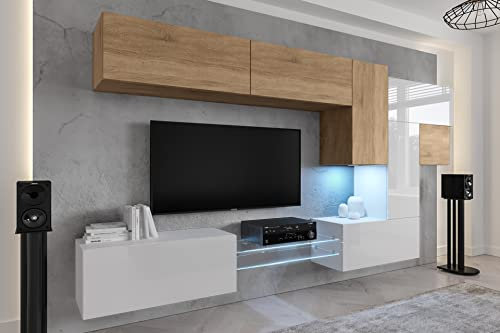 Furnitech Wohnwand Wohnzimmer | Wohnzimmer Möbel mit LED RGB - 16 Farben | Hängend Wohnwand Modern | Wohnzimmer Schrankwand mit Regale und TV Schrank (AN92NEW-21SW-HGM26)