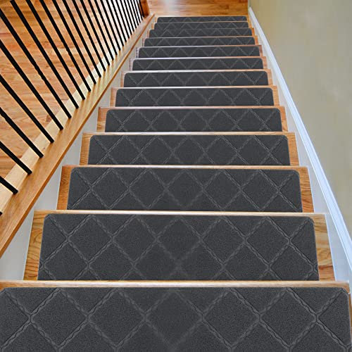 Triceratops 8x 30 (14-Pack) Carpet Stair Treads, Non-Slip Carpet Stair Runner with Non Skid Rubber Backing Removable Washable Step Runners Perfect for Pets, Elders(Gray