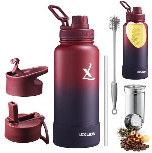 Lexlion Wasserflasche, 900 ml, dreifach wandiger, isolierter Edelstahl, wiederverwendbar, breite Öffnung, Obstdiffusor, Thermo-Blatt-Ei, 3 Deckel auslaufsicher, Metallbecher Gallone