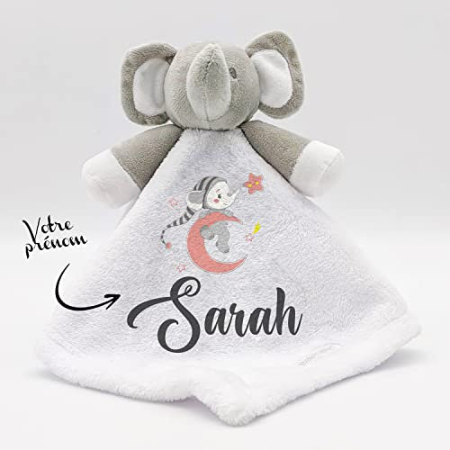 KDO MAGIC Doudou éléphant personnalisé avec prénom - Peluche Blanche Personnalisable - Cadeau de Naissance, garçon, Fille, bébé, Anniversaire (Lune Rose)