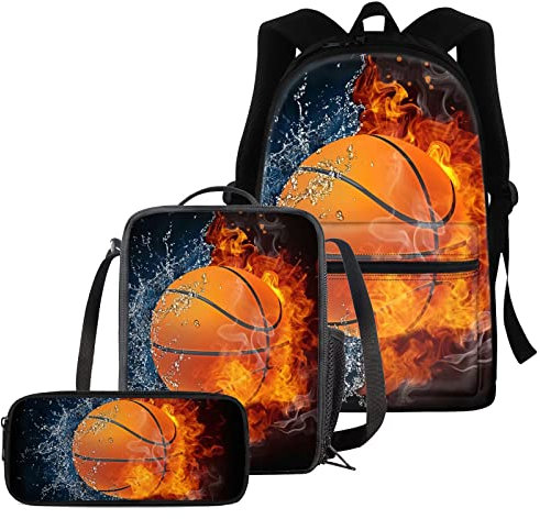 chaqlin Sport Basketball bedruckter Rucksack für Kinder, 3-teiliges Basketball-Schultaschen-Set mit Federmäppchen, isolierte Lunchbox für Jungen und Mädchen, Reiserucksack mit Seitentasche