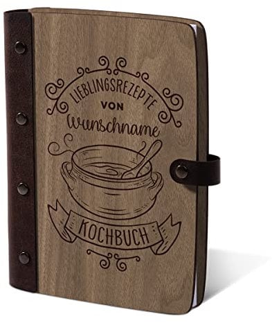 Kartenmachen.de Notizbuch, Rezeptbuch, Rezeptordner Holzcover mit Echtleder Rücken 72 Blatt | 144 Seiten A5 hoch 158x222mm Nussbaum Amerikanisch - Kochbuch