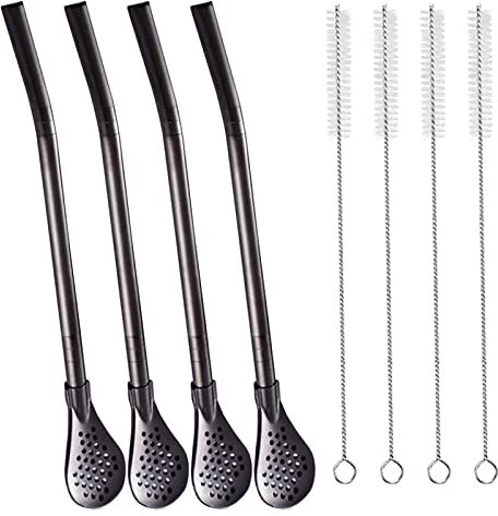 Paquete de 4 cucharas de filtro de paja de acero inoxidable extraíbles y 4 cepillos de limpieza, pajitas Yerba Mate Bombilla, varillas reutilizables para beber agitador, agitador de metal (negro)