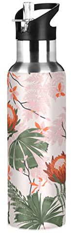 KAAVIYO Blühen Schöne Blumen Duften Trinkflasche Wasserflasche mit Strohhalm 600ML Edelstahl Auslaufsicher Wasserkanne Water Bottle