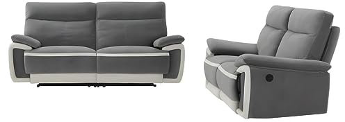 Vente-unique Sofa 3 + 2 Sitzer, elektrisch, Velours, Grau und Streifen Ecru