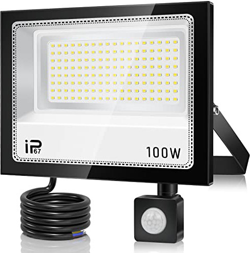 VRFMALIY Projecteur LED Exterieur Detecteur de Mouvement 100W,10000LM 7000K Blanc Froid Eclairage Exterieur,IP67 Etanche Spot LED Avec Détecteur,144 LEDs Lampe Exterieur pour Terrasse Garage Jardin