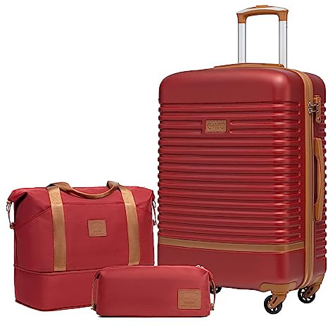 COOLIFE Suitcase Set 3PC - 24 Lightweight ABS Hard Shell Luggage + Travel Bag, Medium Suitcase with 360° Wheels, TSA Locks for Family Travel, Cruise & Long Trips Red/Brown