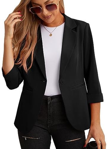 GRECERELLE Women's Blazer Suit Elegant 3/4 Sleeve Jackets Business Casual Work Office Blazer Jacket Suiting & Blazers Cardigans with Pockets Button for Ladies (Black, 22)