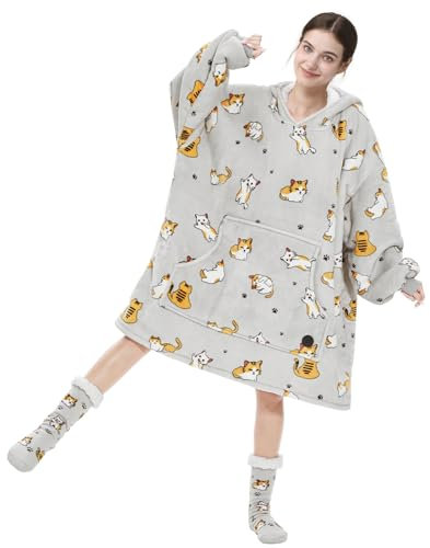 THREE POODLE Übergroße Decken Hoodie und Kuschelsocken 2er Set, Sherpa Sweatshirt Hoodie und Stoppersocken für Damen Herren Kinder, Einheitsgröße