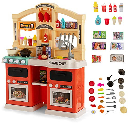 RELAX4LIFE Cocina de Juguete Infantil con 69 Accesorios, Juego de Cocina con Efectos de Luz y Sonido, Funciones de Vapor y Ebullición, Juego de Cocina Realista para Niños 2 3 4 5 6 Años (Naranja)