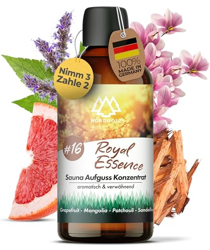 NORDHOLZ® Saunaaufguss 100ml [60 Sorten] Premium Aufgussmittel Konzentrat | Besonderer & natürlicher Sauna Duft für intensive & erholsame Momente - Manufaktur Qualiät (#16 Royal Essence)