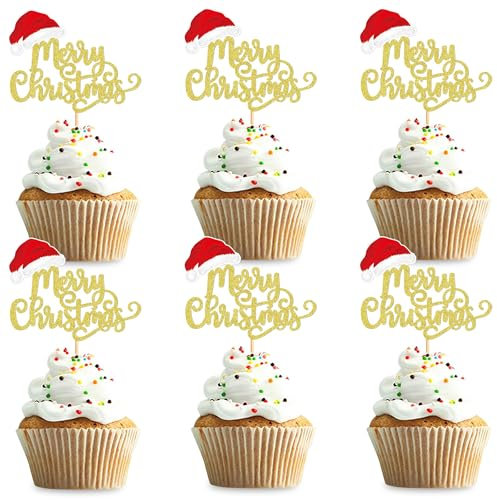 Blumomon 24 Stück Merry Christmas Cupcake Topper golden Weihnachts Kuchen Topper Zahnstocher-Flaggen für Weihnachtskuchen-Dekoration Weihnachtsfeier Feiertagsbedarf
