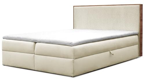 FURNISTAR Boxspringbett Forest mit Bettkästen und Topper Polsterbett Elegante Kopfstütze Bett mit Karomusterprägung Doppelbett mit Matratze Stauraum Schlafzimmer Schlafzimmermöbel (140x200 Creme)