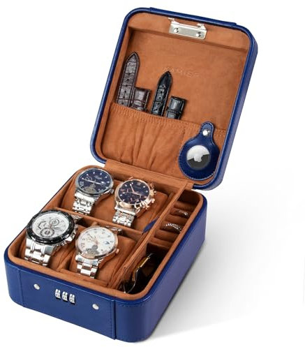 KAMIER Uhrenbox 4, Mechanisches Zahlenschloss Uhrenbox Herren und Damen, Ringe und Uhrenkasten Herren Aufbewahrung Organizer, PU Leder Reise Watch Case, Geschenkidee (mit Geschenkbox),Blau