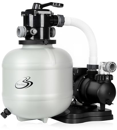 BlueBay Pompe filtrante à sable 15 avec minuterie 1/2 HP / 2250 GPH pour piscines hors sol jusqu'à 10 000 gallons, valve à 7 voies, installation facile, gris