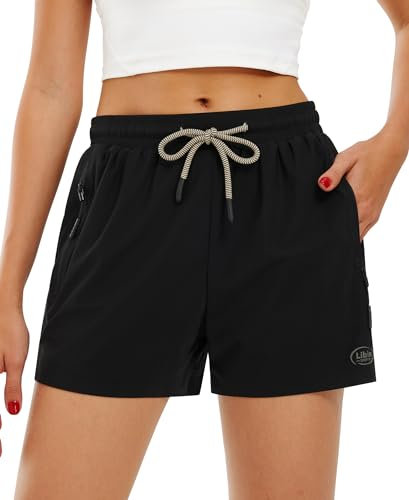 Libin Damen Sport Shorts Kurze Hosen Leichtes Stretch 2 in 1 Laufhose Kurz, Sommer Fitness Shorts Yoga Shorts, Quick-Drying Atmungsaktiv Gym Jogging Training Shorts Mit Taschen,Schwarz,Mittel