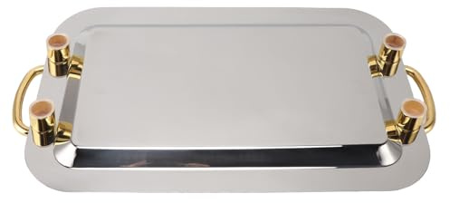 Stainless Steel Serving Tray, Mirror Surfacedecorativetray with Golden Carrying Handle, Multifunctional Large Serving Tray for Hotel Buffet, Banquet Hall, Restaurant Use