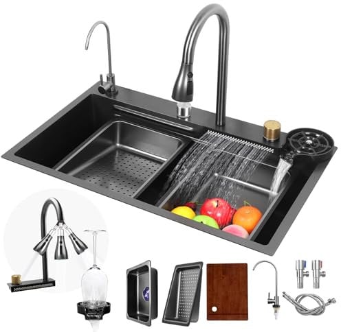 Fulgutonit Fregadero Cocina Multifuncional de Acero Inoxidable, Negro Gris Con Enjuagador de Taza de Grifo Retráctil y 4 Modos de Rociado, 75x46CM