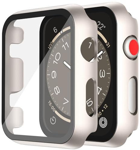 Piuellia Paquete de 2 fundas rígidas con protector de pantalla de vidrio templado HD para Apple Watch Series 3 Series 2 de 38 mm, funda protectora de policarbonato antiarañazos para iWatch, 2