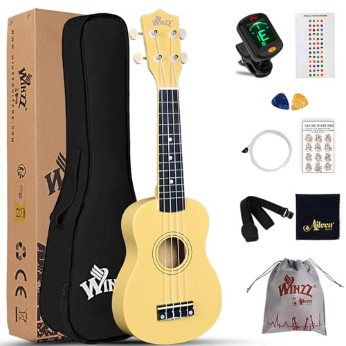 Winzz Sopran Ukulele Starter Kit für Anfänger mit Tasche, Clip-On Tuner, Zusätzlichen Saiten, Gurt, Plektron, Griffbrettaufkleber, Akkord-Karte, Poliertuch Hellgelb