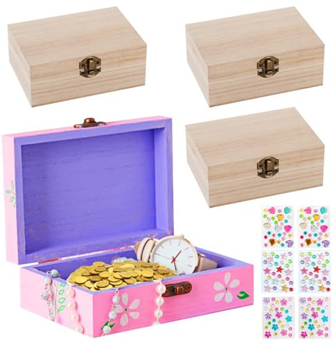 GOEDCH 4 Stücke Schatzkiste Kindergeburtstag Holzkiste: 15 x 10 x 6 cm Mini Schatztruhe mit 6 Farbiger Diamantaufkleber, Naturbelassene Kleine Holzkiste mit deckel für Bemalen Basteln Geburtstags DIY