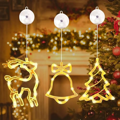 3Pcs Christmas Window Lights Decorations, Warm White Light with Suction Cups for Xmas Tree Fireplace Window Indoor Decor, Weddings, Outdoor and Other Parties
