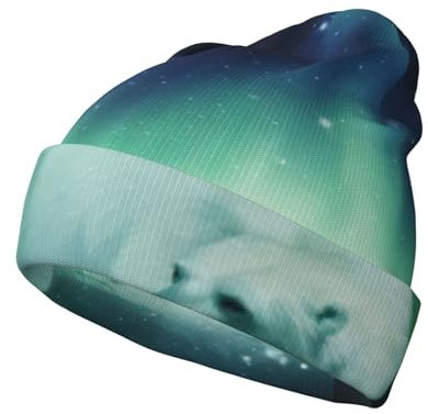 JEJEA Northern Lights Mütze mit Eisbär-Druck, warm, Unisex, modisch, gestrickt, mit Bündchen, warme Mütze für Erwachsene, kaltes Wetter, Totenkopfkappe, Schwarz, Schwarz , Einheitsgröße