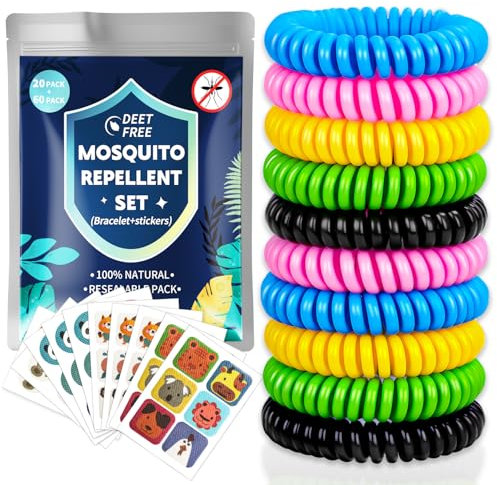 Naturas Bouqutis Pulsera Antimosquitos - Paquete 20 Unidades Pulseras Repelente de Mosquitos con 60 Parches Antimosquitos, Protección contra Insectos para Adultos y Niños