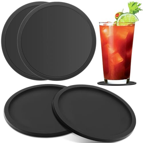 4pcs Silicone Coasters,Round Black Silicone Rubber Mug Coasters,Non-Slip Cup Mats for Coffee Non-Slip Cup Mats for Coffee,Beer, Wine Glass, Bottle