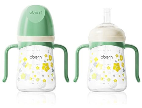 Oberni Toddler Sippy Cup, Weighted Straw Baby Drinking Water Bottle with Valved Spout for 6+ Months, 300ml/Green/2Pack