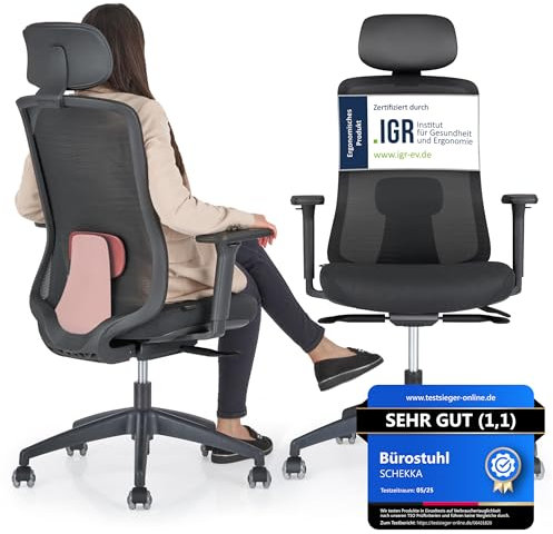 SCHEKKA® Bürostuhl Ergonomisch Testsieger - Besonders individuell Einstellbarer Schreibtischstuhl mit Kopf- & Lordosenstütze, 3D Armlehnen & atmungsaktives Mesh - Bürostuhl 150 kg (Schwarz/Rot)