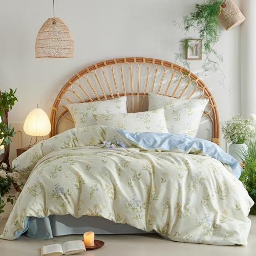 Freyamy Blumen Bettwäsche 135x200cm 2teilig Baumwolle Beige Bunt Floral Blätter Pflanzen Wendebettwäsche Herz Blumenmuster Mädchen Bettbezug mit Reißverschluss und Kissenbezug 80x80cm