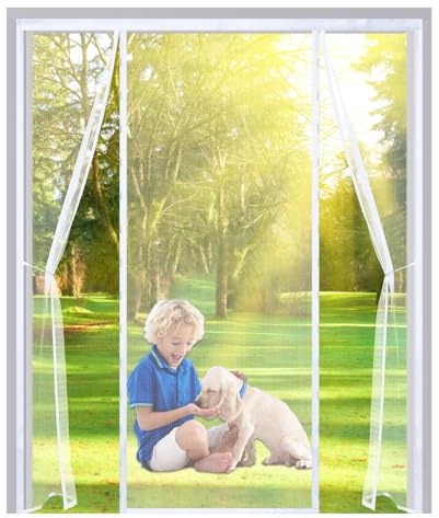Double Door Magnetic Fly Screen Door 150x210cm,Anti Mosquito Mesh Fly Curtain with Powerful Magnets, Easy to Install Without Drilling,Keep Fly Bug Out,for Children's Room/Patio/Balcony,White