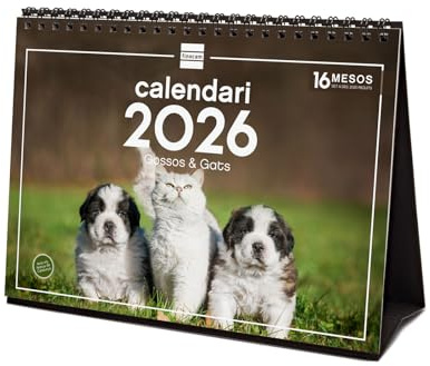 Finocam - Desktop Calendar 2026 Month View January - December 2026 + Sep.- Dec. 2025 (4 months) reduced | Calendar 2026 | Pictures Dogs and cats - Catalan