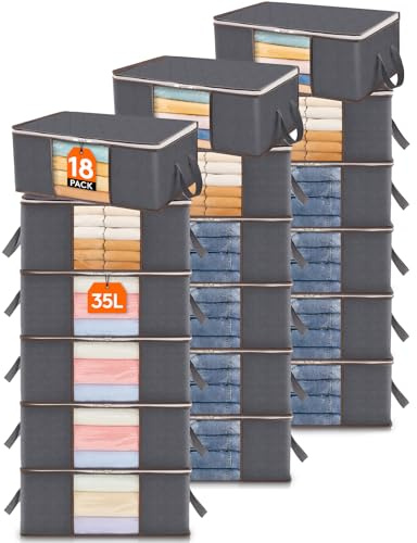 Lifewit Große Aufbewahrungstasche Schrank Organizer Set, Faltbar Kleideraufbewahrung mit verstärkt Griff, stabilem Reißverschluss für Kleidung, Bettwäsche, Bettdecken, Steppdecke, 18 Stück, 35L, Grau