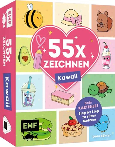 55 x Zeichnen – Kawaii: Dein Kartenset: 55 Karten mit Step by Step Anleitungen zu süßen Motiven | Zum Mitnehmen und Verschenken | Mit lustigen und motivierenden Sprüchen | Tipps und Tricks im Booklet