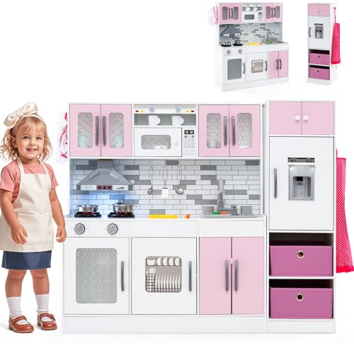 COSTWAY Cocina de Juguete Grande con Luces y Sonidos, Cocinita Infantil de Madera con Refrigerador y Microondas, Almacenamiento y Accesorios, Cocina de Juguete con Circulación de Agua (Rosa)