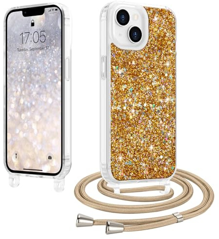 LCHULLE Crossbody Lanyard Case for iPhone 14/13 with Strap, Gold | Adjustable Removable Neck Strap, Sparkle Glitter Phone Cover for Women, Clear TPU Bumper, Shockproof Drop Protection