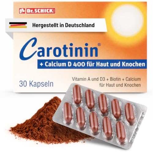 Dr. Schick Carotinin + Calcium D 400 [30 Kapseln] - Nahrungsergänzung | mit Vitamin A, D, Beta Carotin & Calcium - zur Erhaltung von Haut, Knochen & Immunsystem ideal zur Vorbereitung auf die Sonne