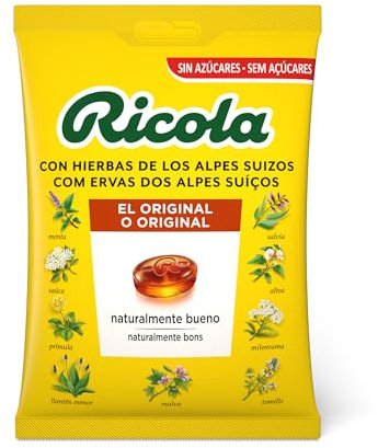Ricola - Hierbas Suizas Original, Caramelos Duros Sin Azúcar, Refresca, Alivia la Garganta y la Respiración, con Aceites Esenciales de Menta, Mentol y 13 Hierbas Suizas, con Edulcorantes - Bolsa 70 g