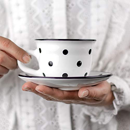 City to Cottage® Blanco y Negro | Lunares | Hecho a Mano por Diseñadores | Cerámica Única de 9oz/250ml | Taza de Café Capuchino con Plato | Regalo