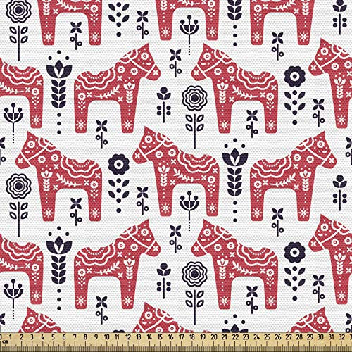ABAKUHAUS Ethnisch Stoff als Meterware, Folk Dala Pferd mit Blumen, Qualitäts Stoff Dekorativer Polster Heimtextilienstoff, 2M (148x200cm), Dunkle Coral Indigo und Weiß