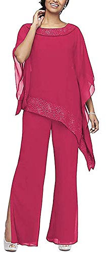 Leader of the Beauty Completi pantalone da donna in chiffon 3 pezzi eleganti per madre della sposa per festa di matrimonio, Fucsia, 48