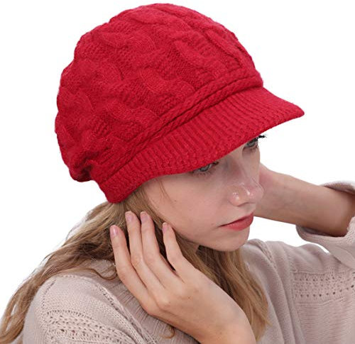 YONKOUNY Cappello Invernali da Donna Morbido Caldo Beanie Berretti con Visiera Cappello in Maglia di Lana Eleganti Baschi Cappello per Sci (IT, Testo, Taglia Unica, Rosso)