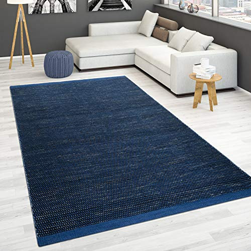 Paco Home Handgewebter Teppich Flachgewebe 100% Wolle Skandinavischer Stil in vers. Farben, Grösse:80x150 cm, Farbe:Blau