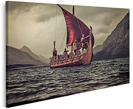 islandburner Bild auf Leinwand Gruppe von Wikingern Schwimmen auf dem Meer auf Drakkar mit Bergen im Hintergrund Wandbild Poster Kunstdruck Bilder 100x57cm
