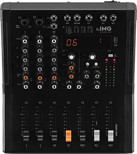 IMG STAGELINE MXR-40PRO, 4-Kanal Audio-Mischpult mit integriertem MP3-Player, Bluetooth-Empfänger und DSP-Effekteinheit, Audio-Console mit 2 Mono-Eingangskanälen mit Gainregler, Mix-Pult in Schwarz