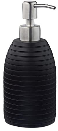 Relaxdays Seifenspender, 300 ml, nachfüllbar, Bad, WC, Küche, Flüssigseifenspender, Polyresin, Edelstahlpumpe, schwarz